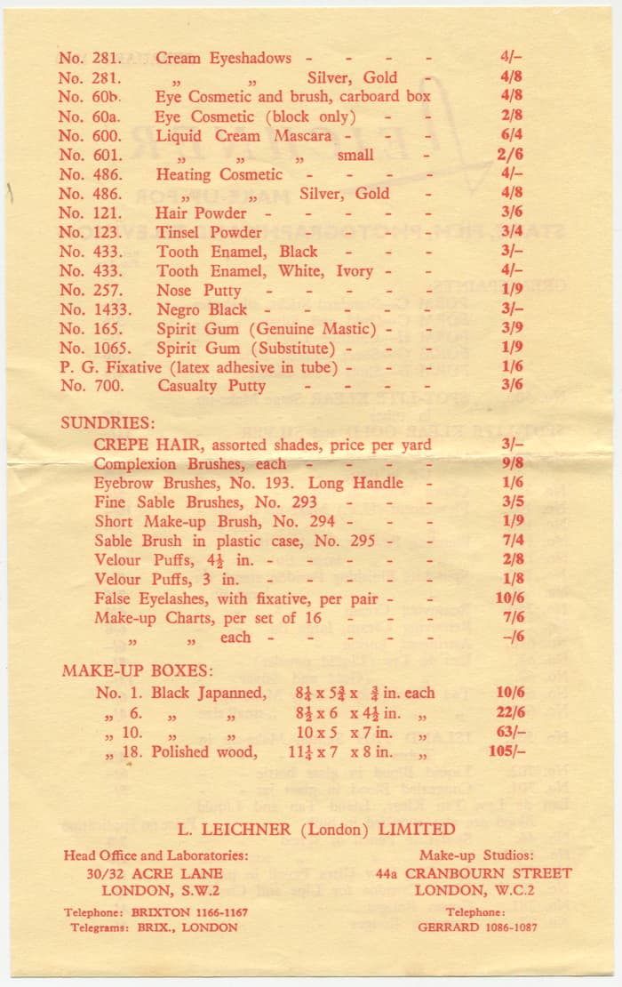 Leichner Price List side 2