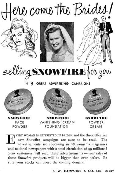 1950 Trade advertisment for Snowfire Face Powder, Vanishing Cream, and Powder Cream