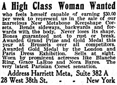 1911 Wanted advertisement for Metabone Keepshape Corsets