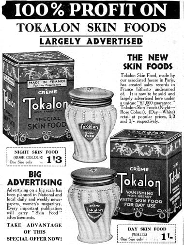 1927 Trade advertisement for Creme Tokalon Skin Food